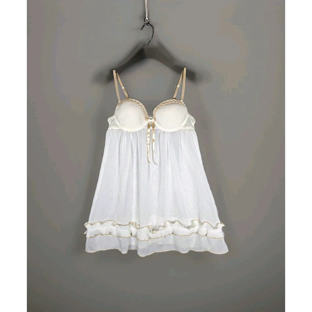 Apt. 9 Intimates White Pleated Babydoll Chemise Lingerie Underwire Pearl Bow S